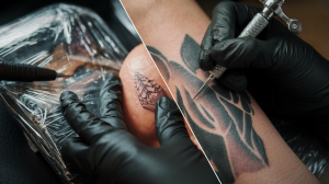 Comparação entre tatuagem em pele sintética e humana com equipamentos profissionais.