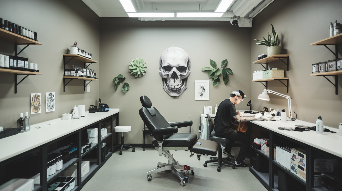 Estúdio de tatuagem moderno com equipamentos profissionais e ambiente organizado.