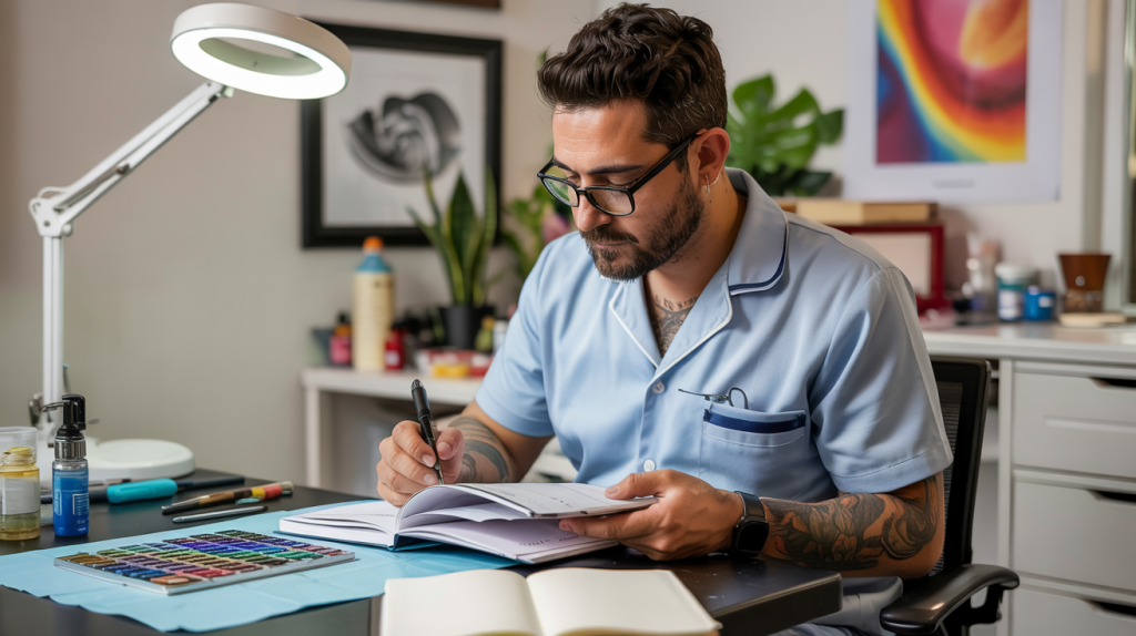 Um tatuador analisando esboços e definindo a precificação do seu trabalho.