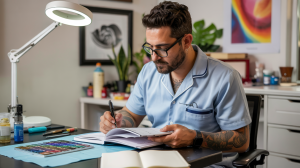 Um tatuador analisando esboços e definindo a precificação do seu trabalho.