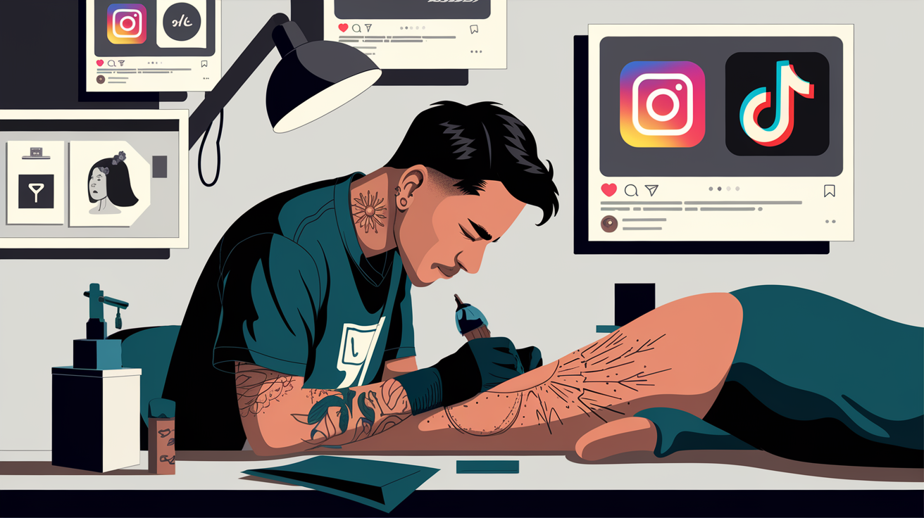 Tatuador utilizando referências de redes sociais para criar um design de tatuagem moderno.