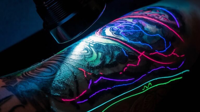 Tatuagem UV brilhando sob luz negra com tons vibrantes.