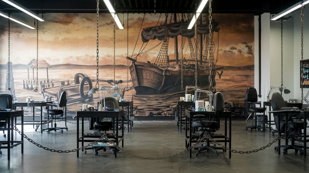 Estúdio de tatuagem com correntes representando escravidão moderna.