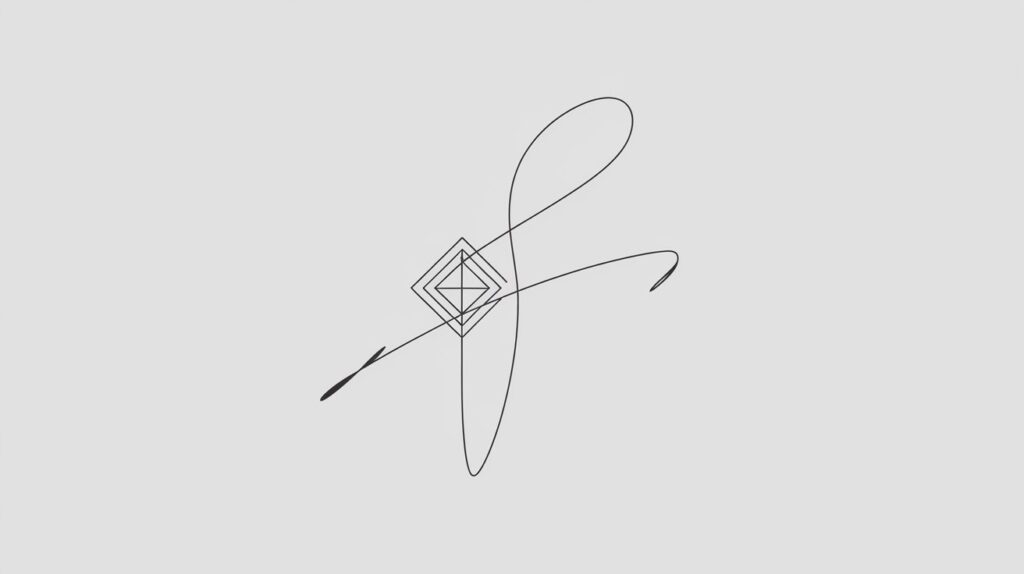 Tatuagem minimalista de traço fino, representando um desenho geométrico delicado em preto e cinza, sobre fundo branco.