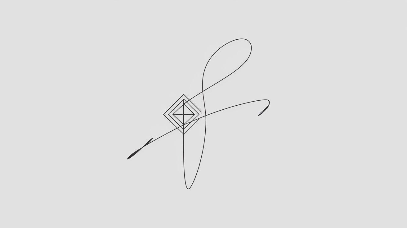 Tatuagem minimalista de traço fino, representando um desenho geométrico delicado em preto e cinza, sobre fundo branco.