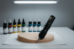 Pele artificial feita com silicone e amido para treino de tatuagem.