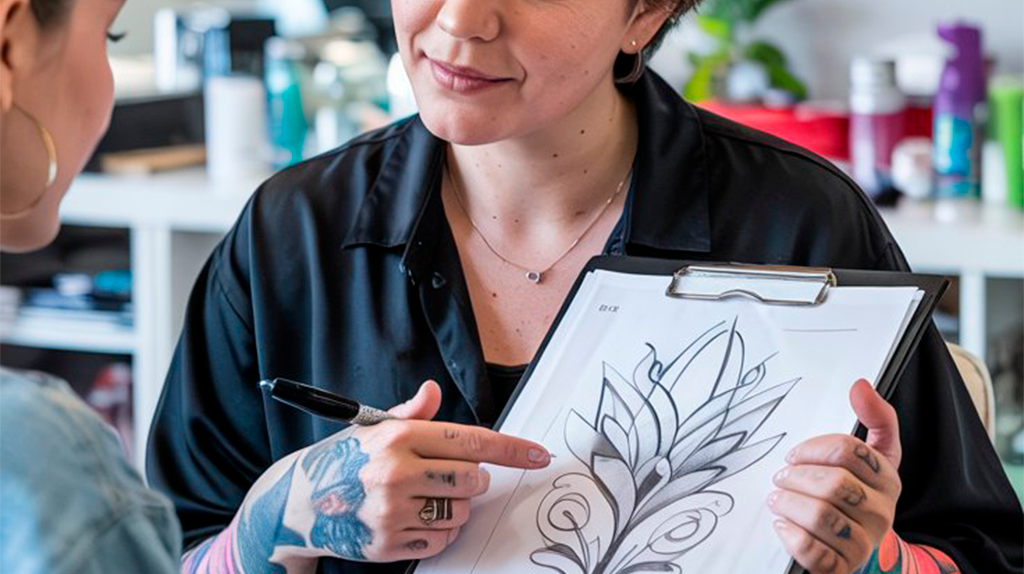 Jovem escolhendo design para primeira tatuagem com ajuda profissional.
