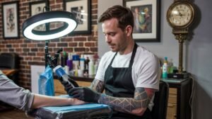 Tatuador profissional atendendo cliente em estúdio acolhedor