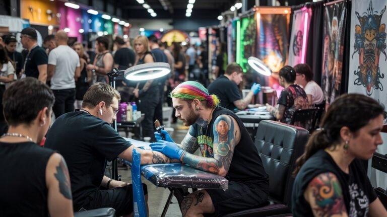 Artistas tatuando durante uma convenção de tatuagem, com público observando.