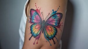 Tatuagem aquarela de borboleta colorida com respingos de tinta.