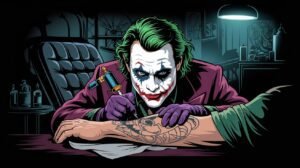 Tatuagem do Coringa sendo feita em estúdio de tatuagem