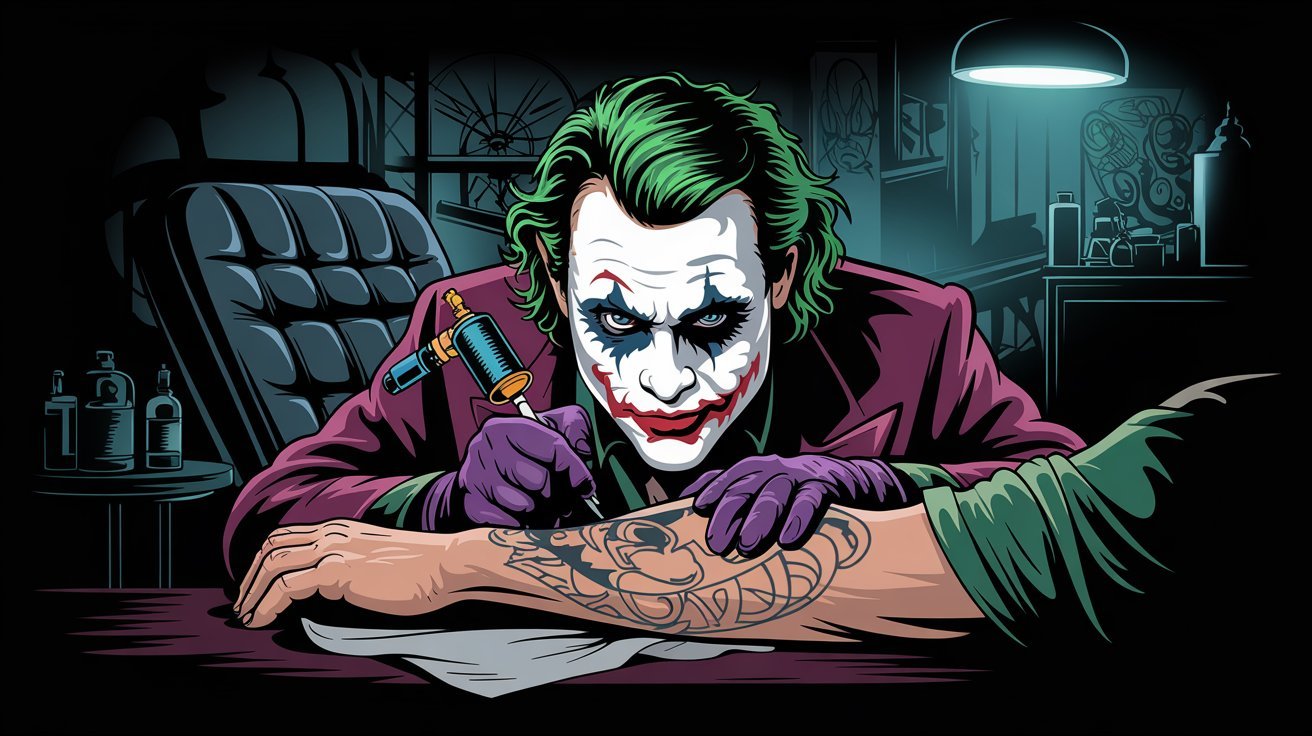 Tatuagem do Coringa sendo feita em estúdio de tatuagem