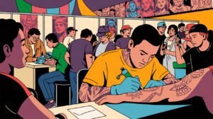 Convenção de tatuagem com artistas trabalhando e público interagindo.