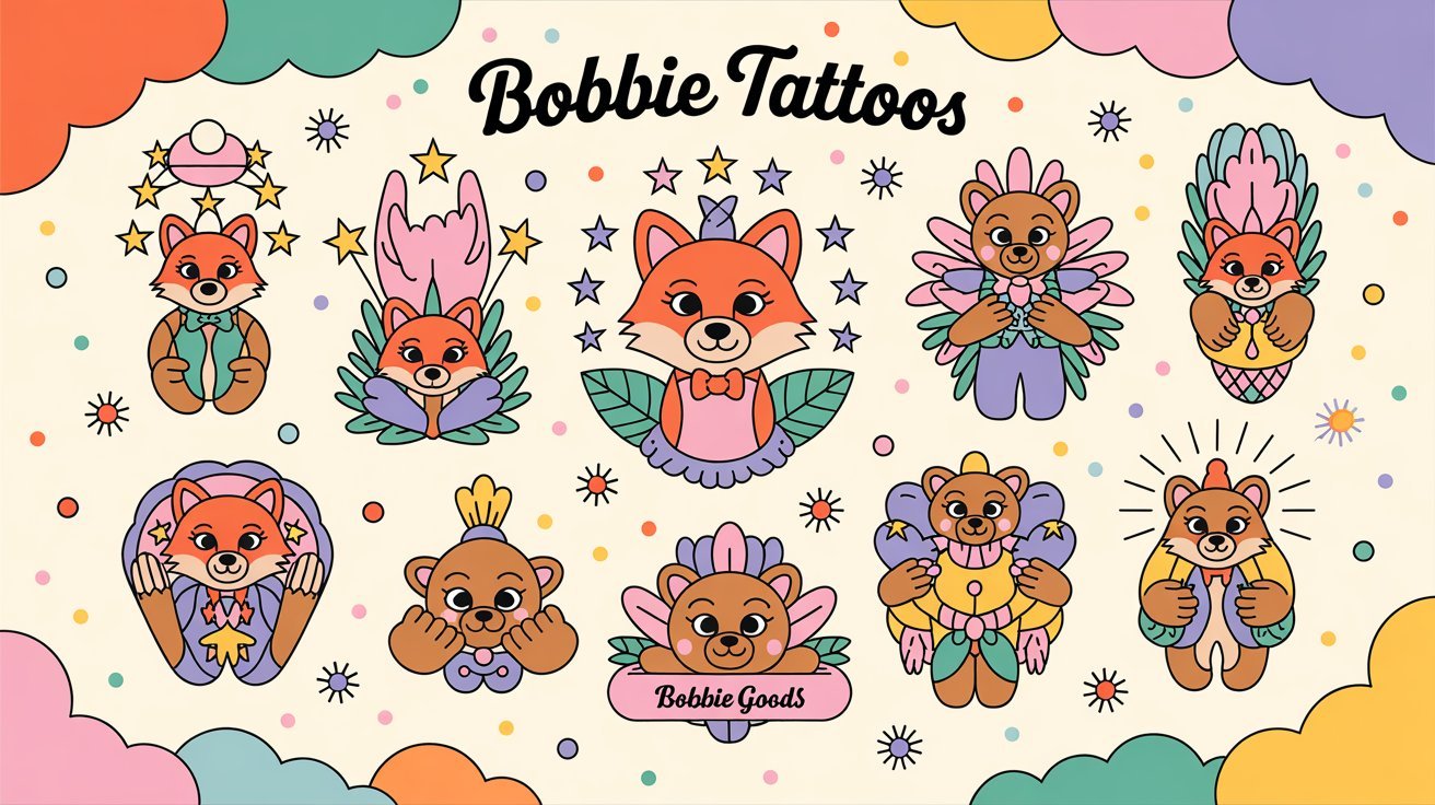 Tatuagens inspiradas no estilo Bobbie Goods com personagens fofos e coloridos.