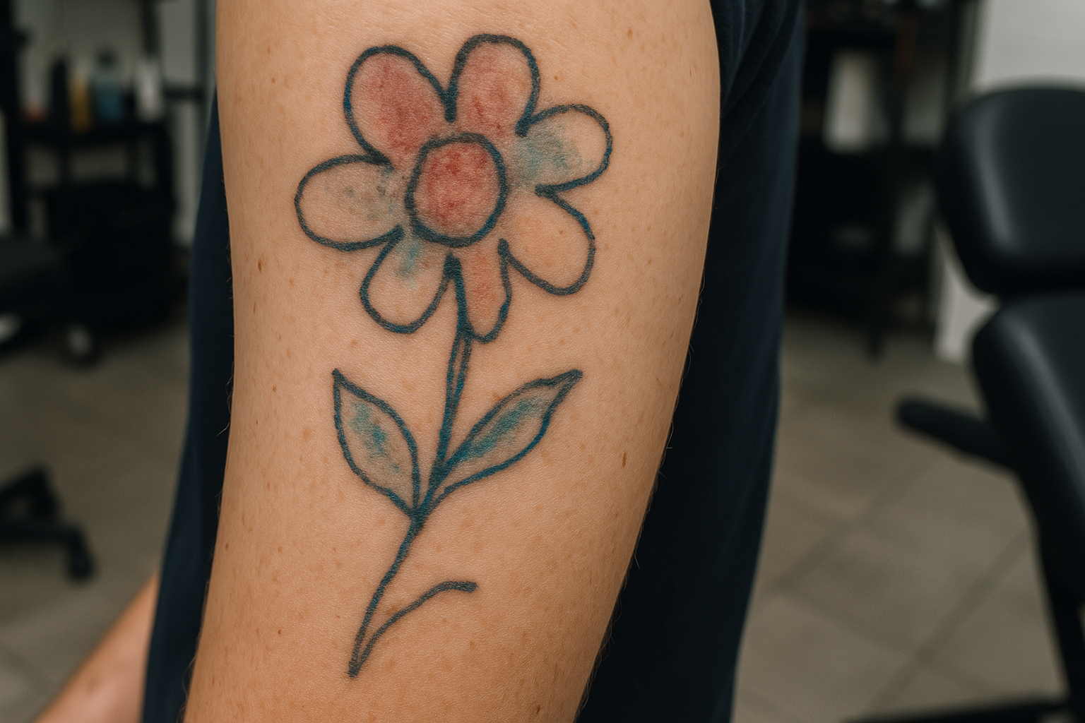 Tatuagem malfeita com linhas tortas e cores desbotadas