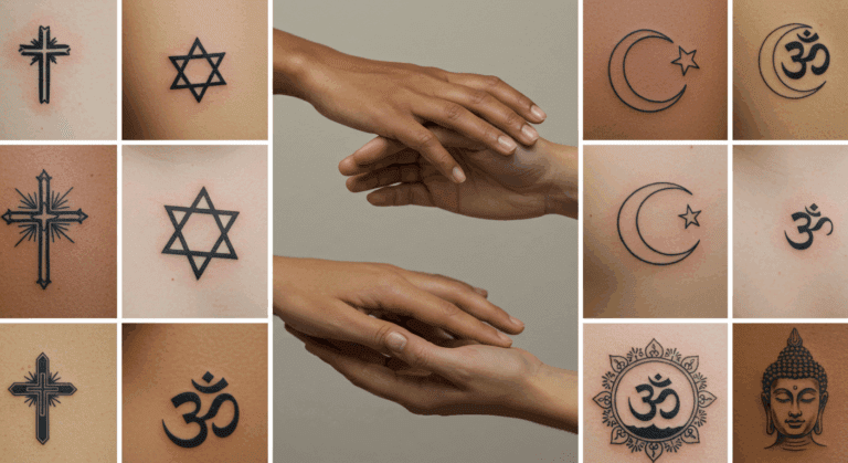 Colagem de tatuagens com símbolos religiosos diversos e mãos unidas, representando a relação entre tatuagem, religião e respeito cultural.