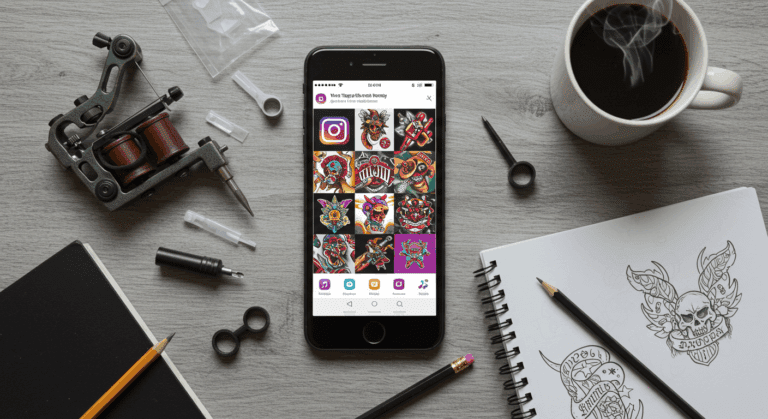 Mesa de trabalho de tatuador com smartphone exibindo feed de Instagram com tatuagens, máquina de tatuar e materiais de desenho, simbolizando o marketing para tatuadores.