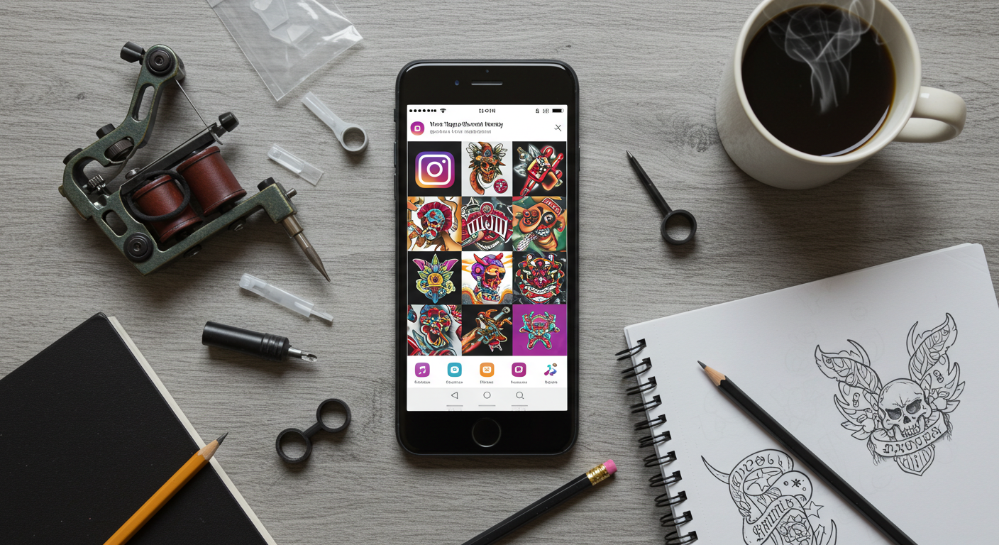 Mesa de trabalho de tatuador com smartphone exibindo feed de Instagram com tatuagens, máquina de tatuar e materiais de desenho, simbolizando o marketing para tatuadores.