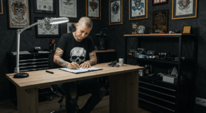 Tatuador preenchendo documentos para formalização do estúdio como MEI