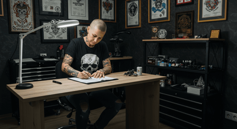 Tatuador preenchendo documentos para formalização do estúdio como MEI