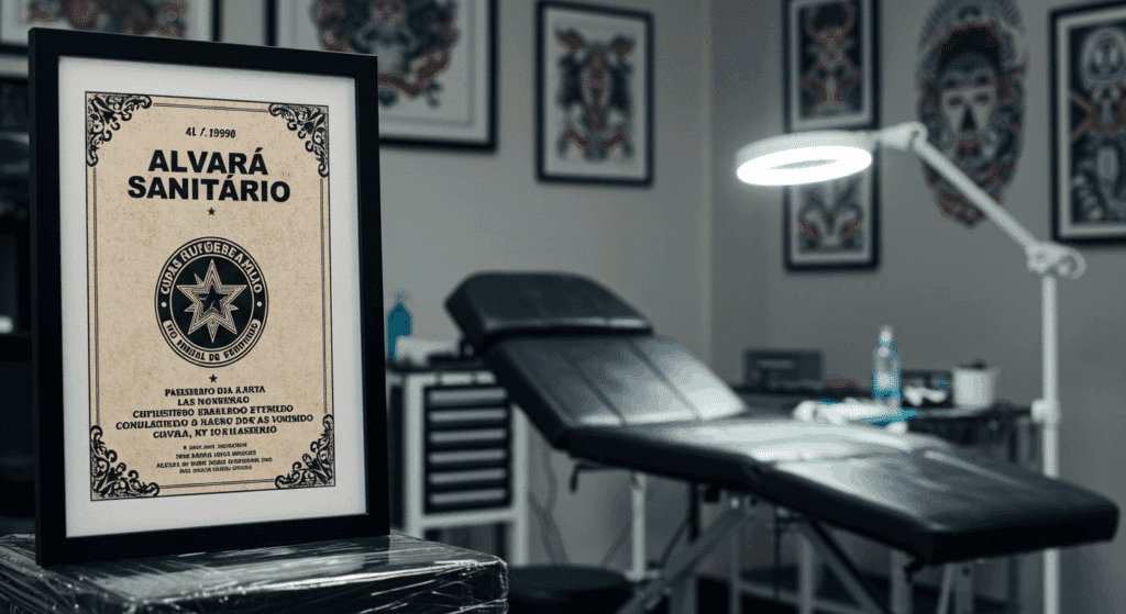 Estúdio de tatuagem limpo e organizado com o alvará da vigilância sanitária em destaque na parede, simbolizando a legalidade e segurança do local.