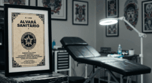 Estúdio de tatuagem limpo e organizado com o alvará da vigilância sanitária em destaque na parede, simbolizando a legalidade e segurança do local.