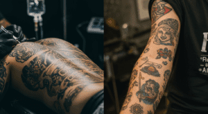 Comparativo entre um fechamento de tatuagem extenso sob anestesia e uma pessoa com várias tatuagens menores que contam uma história na pele.