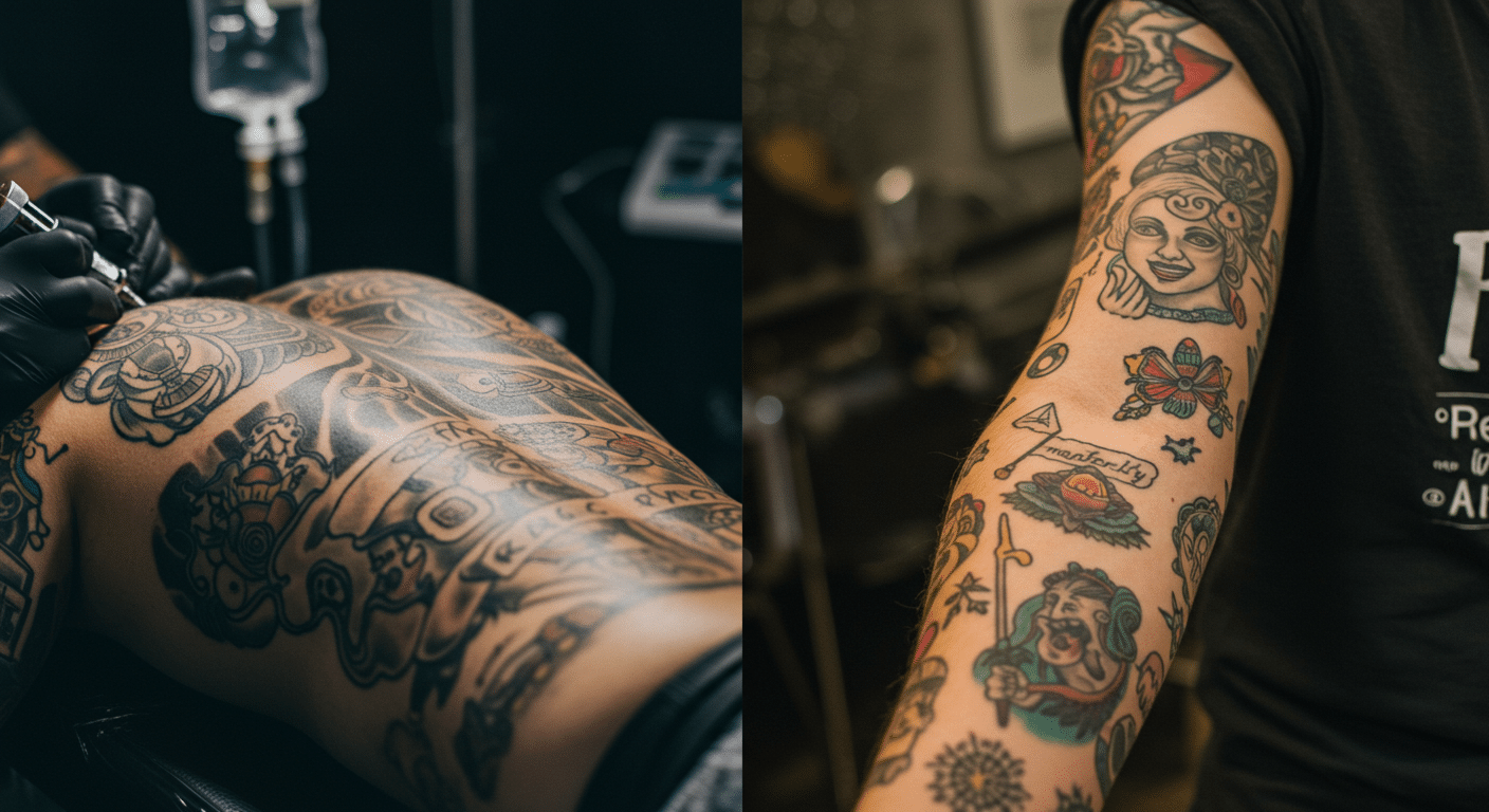 Comparativo entre um fechamento de tatuagem extenso sob anestesia e uma pessoa com várias tatuagens menores que contam uma história na pele.