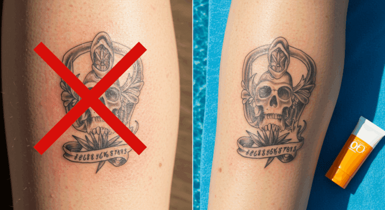 Comparativo mostrando o risco de expor uma tatuagem nova ao sol e piscina versus uma tatuagem cicatrizada sendo cuidada adequadamente no calor.