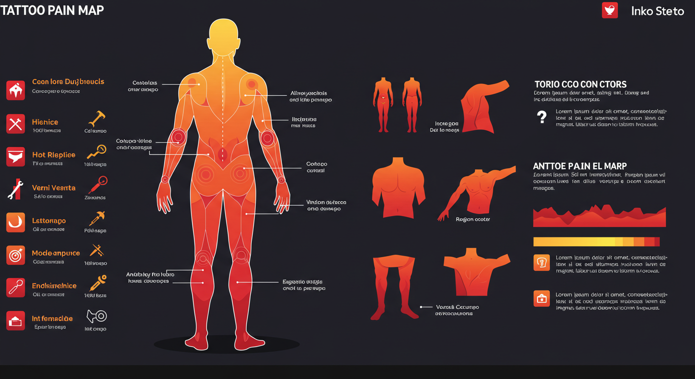 Infográfico mostrando um mapa do corpo humano com as regiões mais doloridas para tatuar destacadas em cores que indicam a intensidade da dor.
