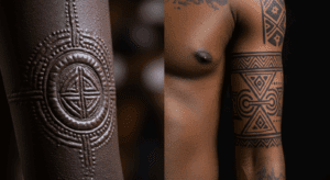 Montagem mostrando a conexão entre a escarificação tradicional africana e uma tatuagem moderna no Brasil inspirada em motivos e símbolos africanos.