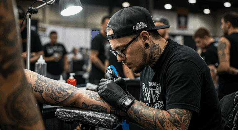 Tatuador concentrado executando uma tatuagem detalhada durante um concurso em uma convenção de tatuagem, com o ambiente do evento ao fundo.