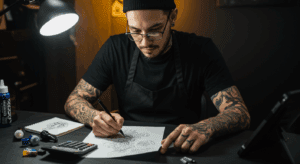 Tatuador profissional em seu estúdio revisando um desenho e calculando o preço de uma tatuagem, simbolizando a precificação justa e sustentável.