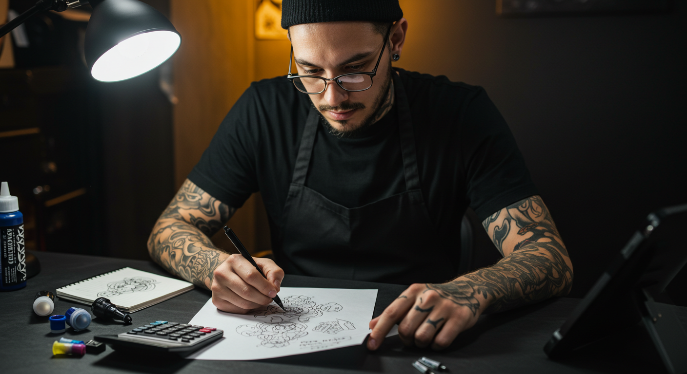 Tatuador profissional em seu estúdio revisando um desenho e calculando o preço de uma tatuagem, simbolizando a precificação justa e sustentável.