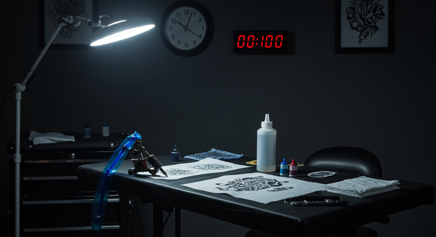 Cadeira vazia em estúdio simbolizando prejuízo por cancelamento de tatuagem e a importância do sinal.