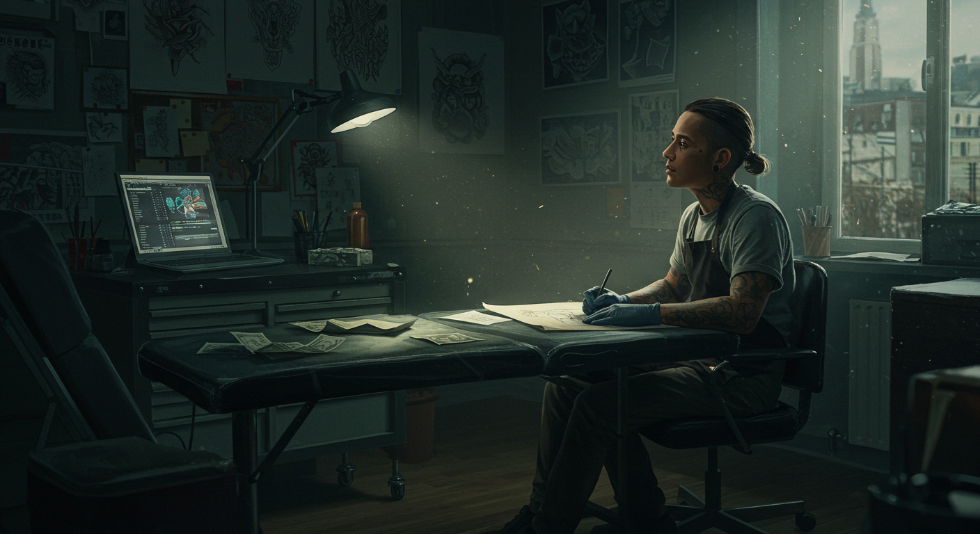 Tatuador em seu estúdio planejando estratégias para superar um momento de crise e reerguer seu negócio de tatuagem.