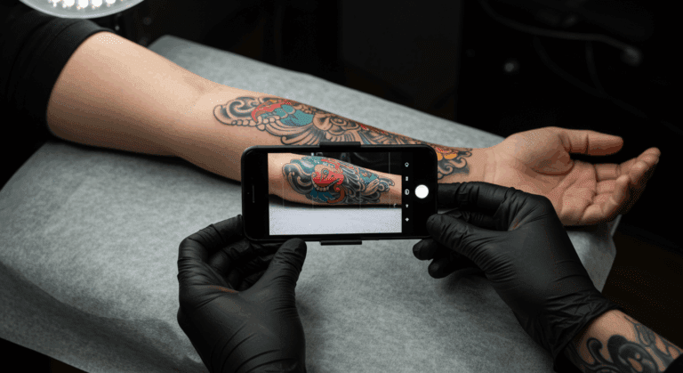 Tatuador fotografando profissionalmente uma tatuagem recém-feita no braço de um cliente, utilizando iluminação adequada para portfólio digital.