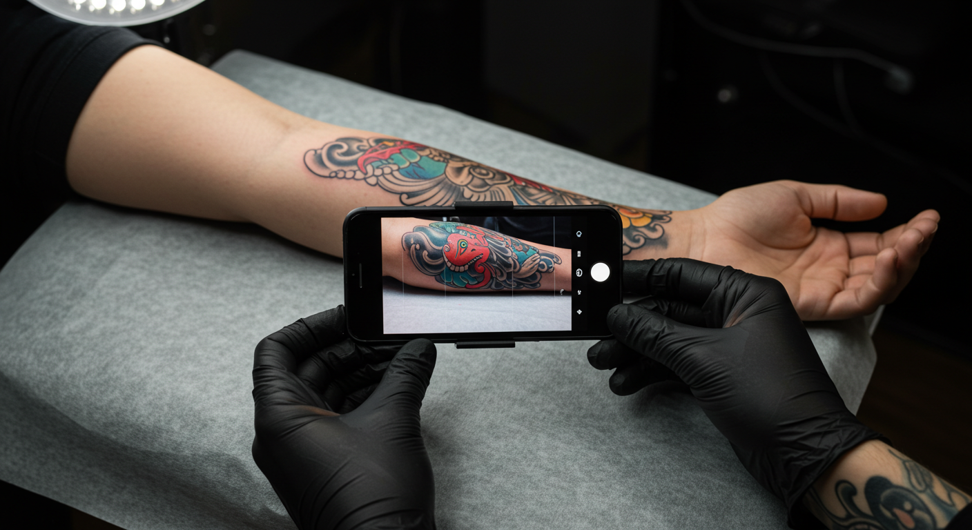 Tatuador fotografando profissionalmente uma tatuagem recém-feita no braço de um cliente, utilizando iluminação adequada para portfólio digital.