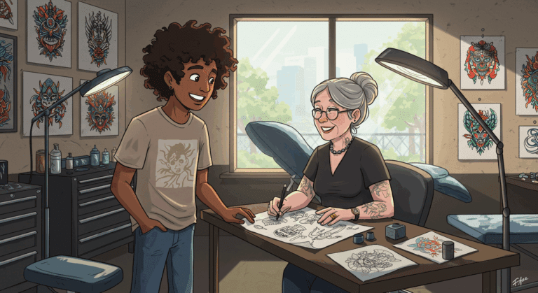 Cliente e tatuador conversando sobre o orçamento de uma tatuagem em um estúdio.