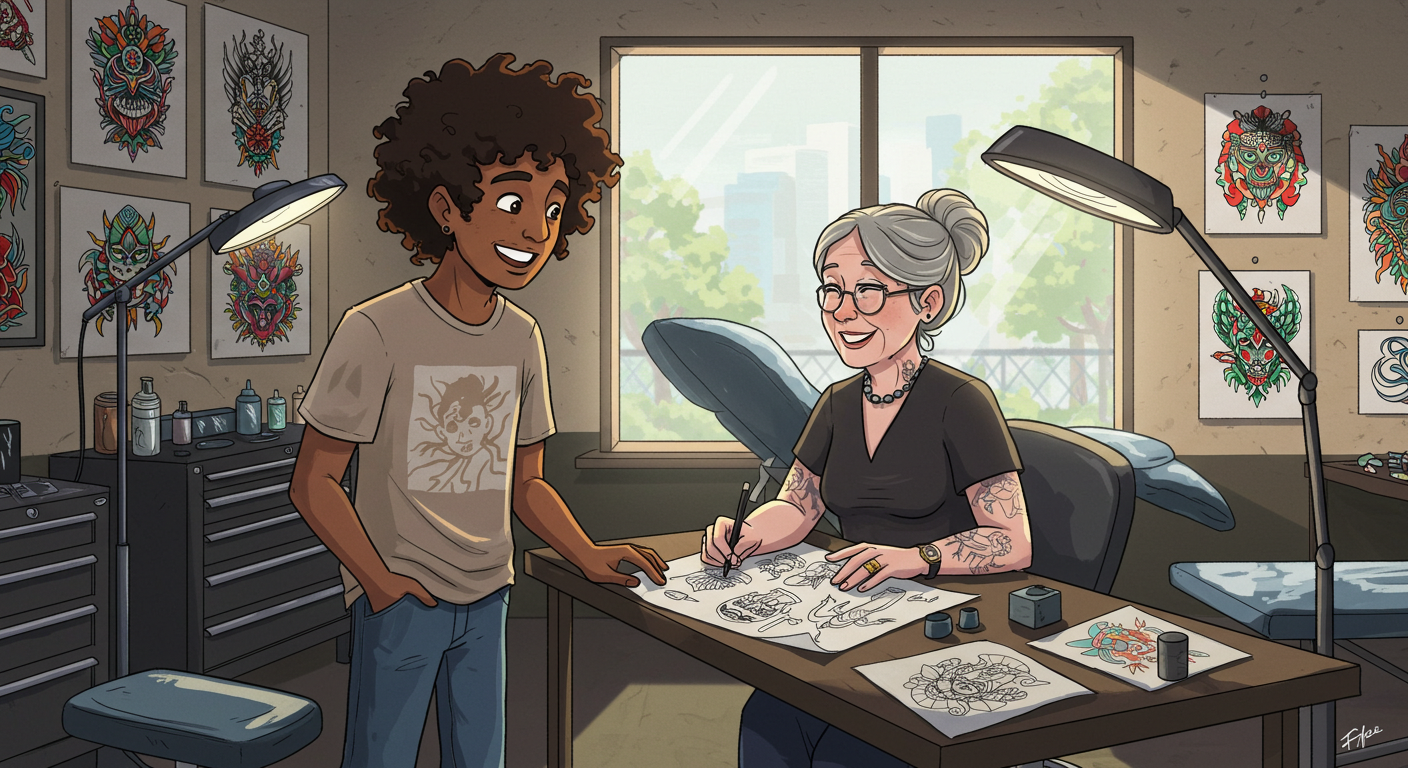 Cliente e tatuador conversando sobre o orçamento de uma tatuagem em um estúdio.