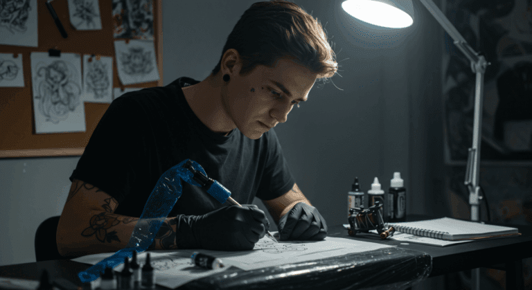 Jovem aprendiz de tatuagem praticando em pele artificial em uma bancada de estudo, simbolizando os primeiros passos para começar na tatuagem.