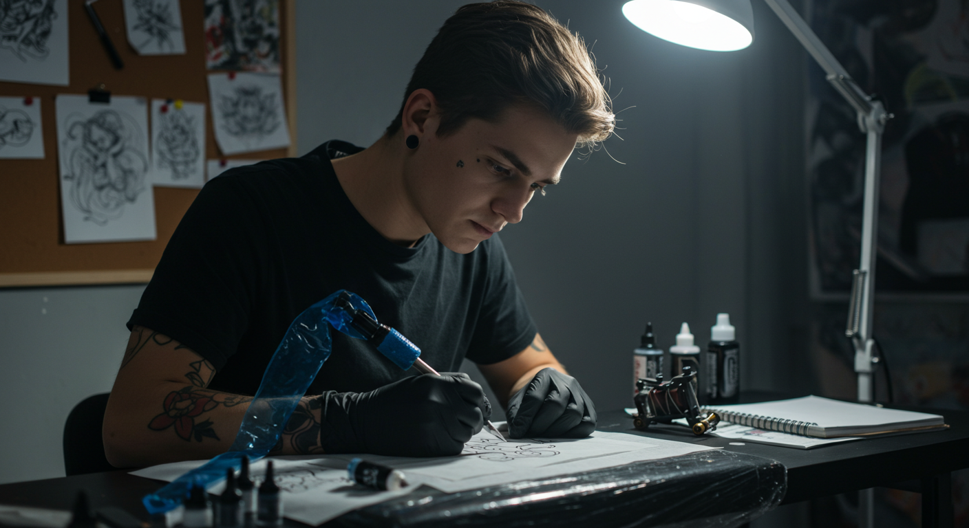 Jovem aprendiz de tatuagem praticando em pele artificial em uma bancada de estudo, simbolizando os primeiros passos para começar na tatuagem.
