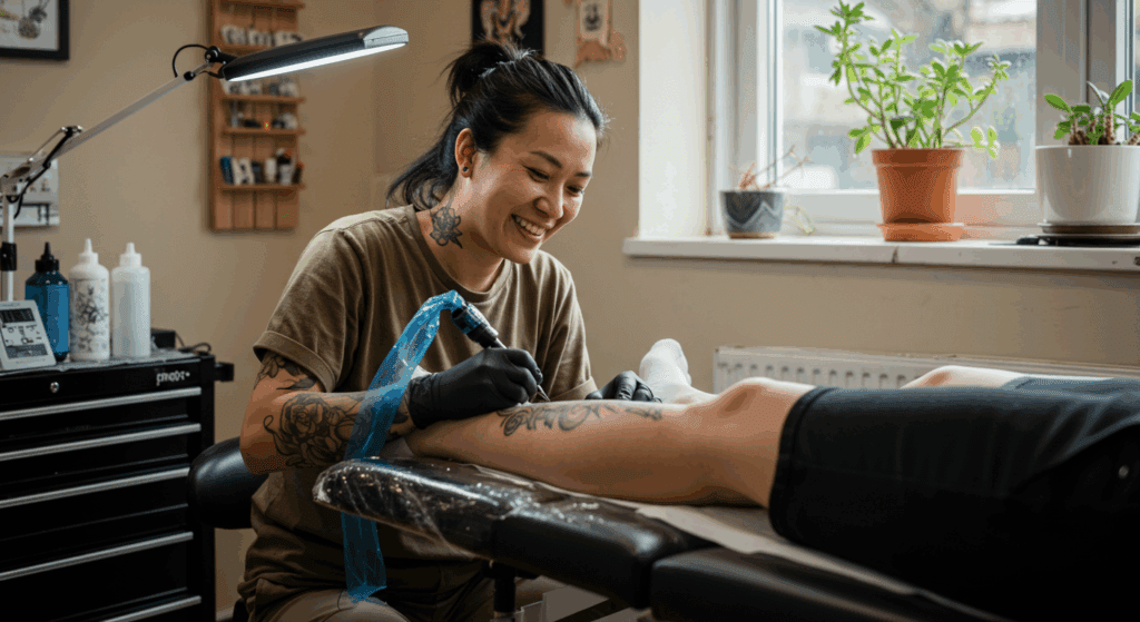 Tatuador experiente conversando com cliente em consulta pré-tatuagem em estúdio profissional