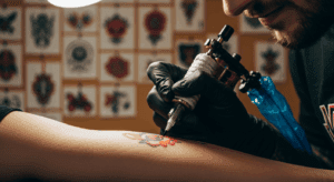Tatuador aplicando uma flash tattoo colorida no braço de um cliente, com outros desenhos de flash ao fundo no estúdio.
