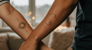 Dois antebraços de um casal com tatuagens sutis e complementares, simbolizando ideias criativas de tatuagem em casal que não viram arrependimento.