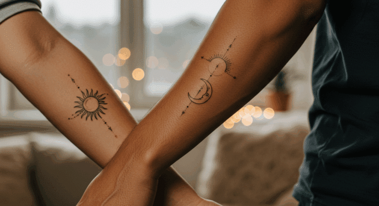 Dois antebraços de um casal com tatuagens sutis e complementares, simbolizando ideias criativas de tatuagem em casal que não viram arrependimento.