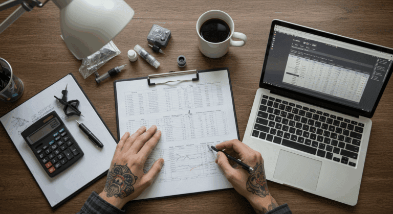 Mesa de trabalho organizada de um tatuador com planilha de finanças aberta no laptop, calculadora e materiais de tatuagem, simbolizando a organização das finanças no estúdio de tatuagem.