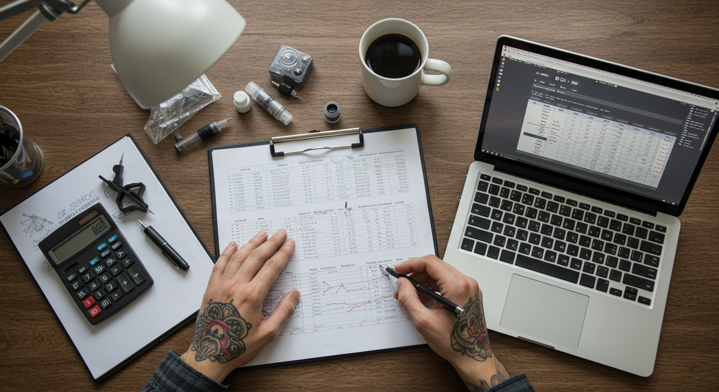 Mesa de trabalho organizada de um tatuador com planilha de finanças aberta no laptop, calculadora e materiais de tatuagem, simbolizando a organização das finanças no estúdio de tatuagem.