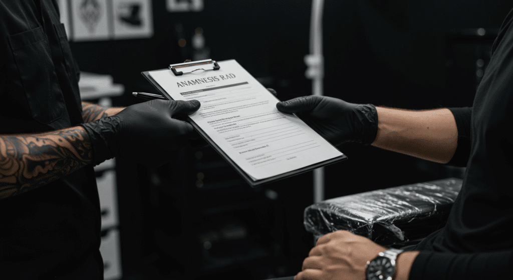 Tatuador entregando uma ficha de anamnese para um cliente preencher antes do procedimento de tatuagem em um estúdio profissional.