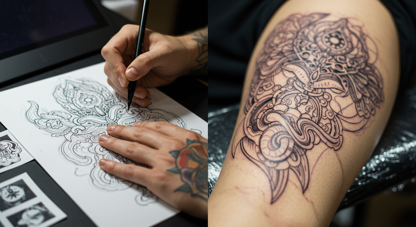 Montagem mostrando o processo criativo na tatuagem, com desenho sendo criado no papel e depois sendo tatuado na pele do cliente.